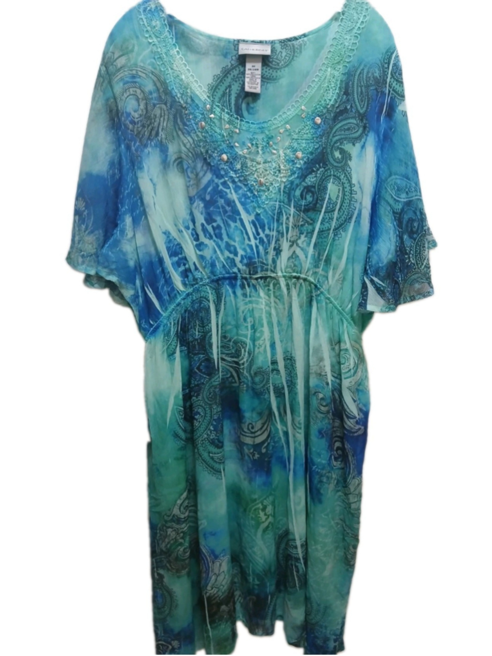 Catherines Womens Sz 3X 26/28 Dress Blue Flutter Sleeve Boho Coastal Rhinestone